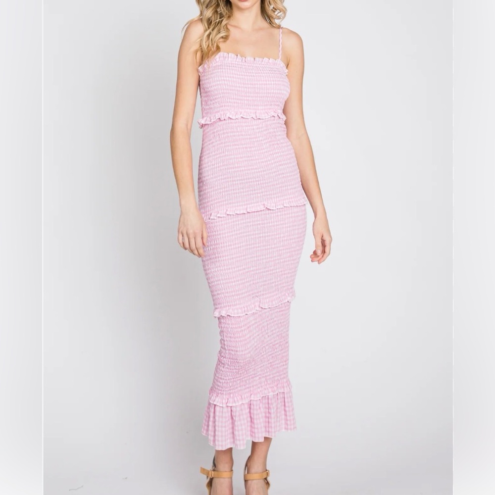 Pink Smocked Ruffle Maternity Maxi Dress